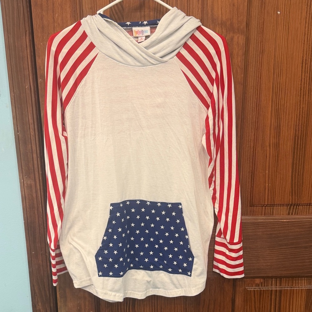 LuLaRoe Hoodie with Red Striped Sleeves and Starry Blue Pocket